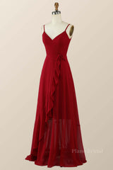 Straps Wine Red Chiffon Ruffle A-line Long Bridesmaid Dress