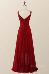 Straps Wine Red Chiffon Ruffle A-line Long Bridesmaid Dress