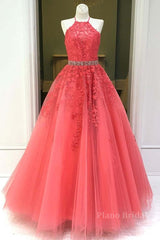 Stylish Backless Coral Lace Long Prom Dress, Coral Lace Formal Graduation Evening Dress