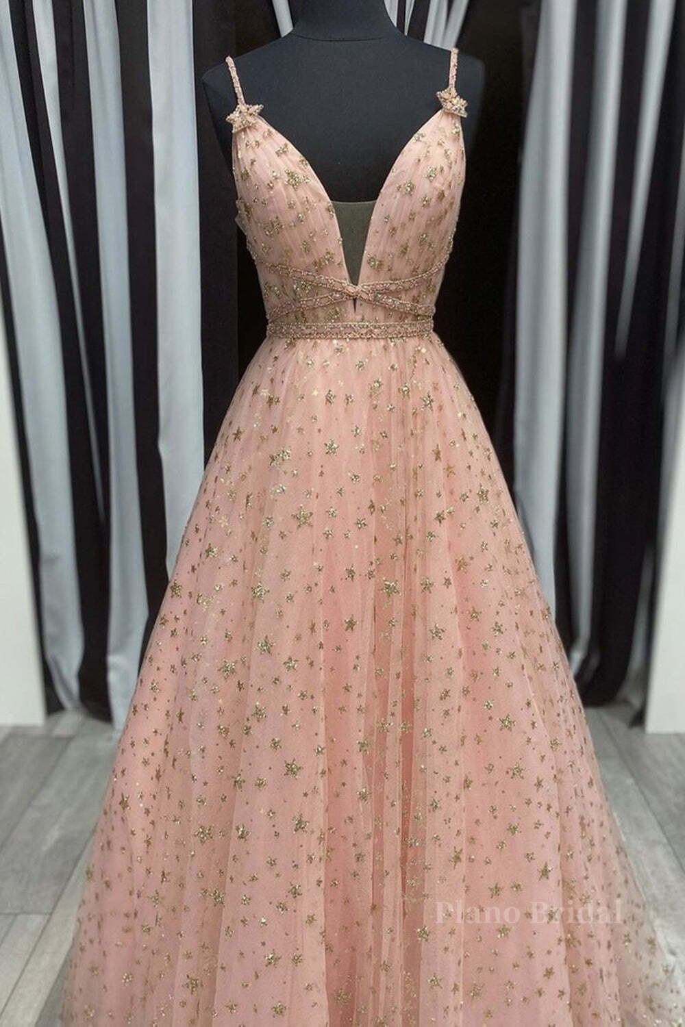 Stylish V Neck Pink Long Prom Dress with Stars Sequins, Long Pink Formal Evening Dress