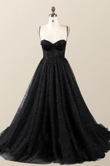Straps Black Corset A-line Prom Gown