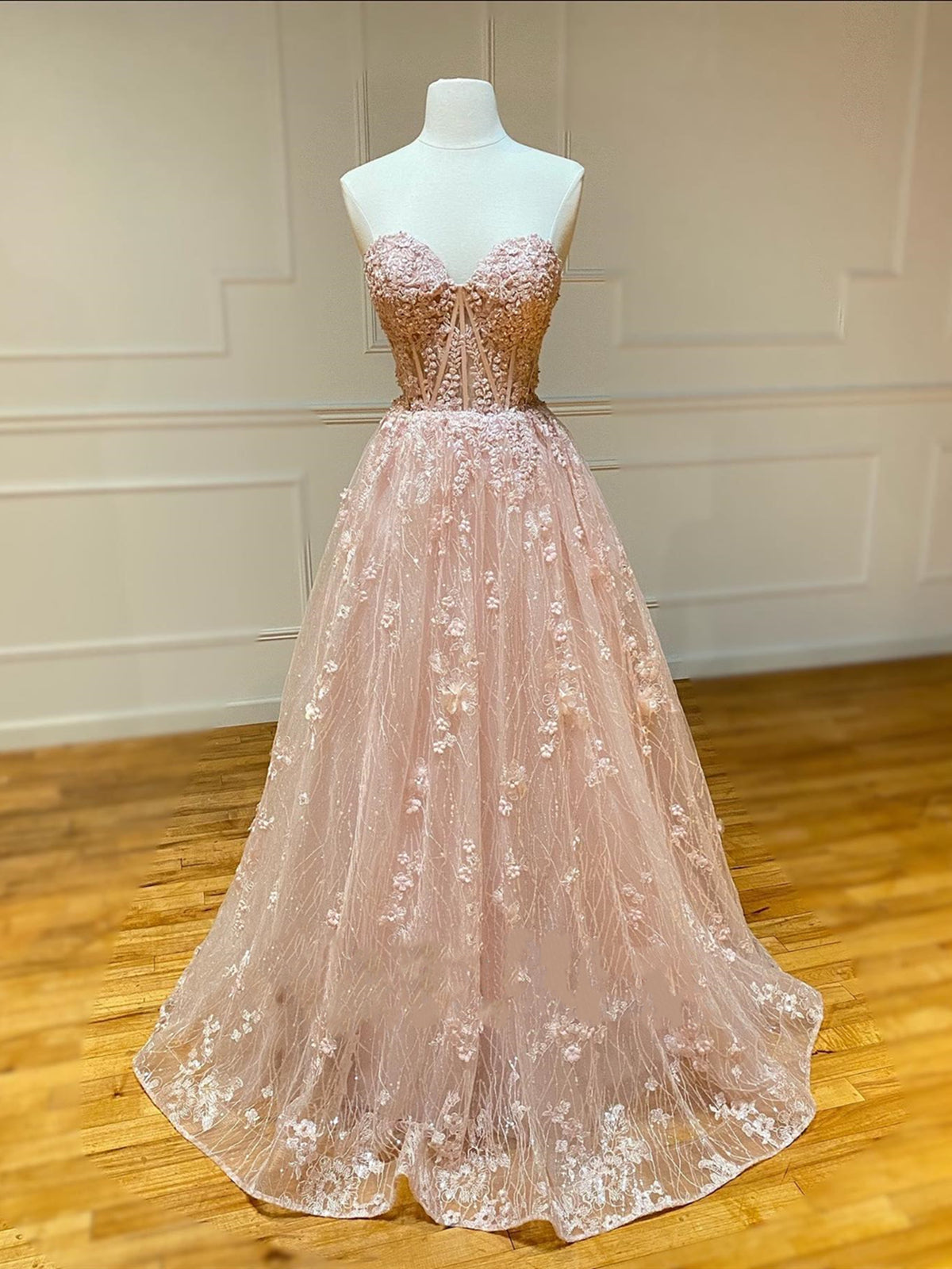 Sweetheart Neck Champagne Lace Prom Dresses, Champagne Lace Formal Evening Dresses