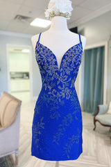 Royal Blue Beaded Plunge V Lace-Up Short Homecoming Dress