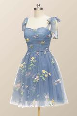 Tie Shoulders Blue Floral A-line Short Dress
