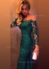 Trumpet Mermaid Full Long Sleeve Bateau Chapel Train Lace Prom Dress With Appliqued