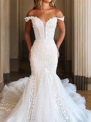 Trumpet/Mermaid Off-the-Shoulder Cathedral Train Tulle Wedding Dresses