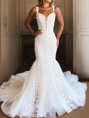 Trumpet/Mermaid Off-the-Shoulder Cathedral Train Tulle Wedding Dresses