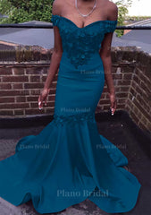 Trumpet Mermaid Off The Shoulder Court Train Satin Prom Dress With Beading Flowers