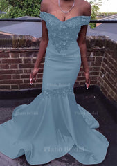 Trumpet Mermaid Off The Shoulder Court Train Satin Prom Dress With Beading Flowers