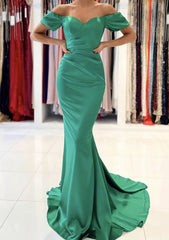 Trumpet Mermaid Off The Shoulder Short Sleeve Satin Sweep Train Prom Dress With Pleated