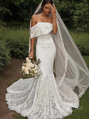 Trumpet/Mermaid Off-the-Shoulder Sweep Train Lace Wedding Dresses