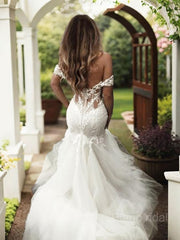 Tromba/sirenetta Off-the Shoulder Sweep Train Tulle Wedding Dresses with Appliques Lace