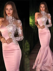 Trumpet/Mermaid One-Shoulder Sweep Train Elastic Woven Satin Prom Dresses With Appliques Lace