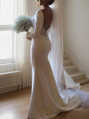 Trumpet/Mermaid Scoop Court Train Stretch Crepe Wedding Dresses With Leg Slit