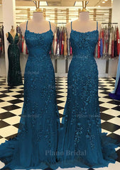 Trumpet Mermaid Scoop Neck Sleeveless Sweep Train Lace Prom Dress With Crystal