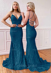 Trumpet Mermaid Sleeveless Sweep Train Lace Prom Dress With Pleated