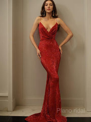 Trumpet/Mermaid Spaghetti Straps Sweep Train Sequins Evening Dresses With Ruffles