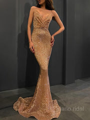 Trumpet/Mermaid Spaghetti Straps Sweep Train Sequins Evening Dresses With Ruffles