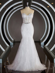 Trumpet/Mermaid Sweetheart Court Train Tulle Wedding Dresses with Appliques Lace