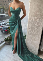 Trumpet Mermaid Sweetheart Strapless Court Train Satin Prom Dress With Pleated Split