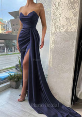 Trumpet Mermaid Sweetheart Strapless Court Train Satin Prom Dress With Pleated Split