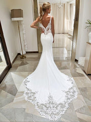 Trumpet/Mermaid V-neck Cathedral Train Stretch Crepe Wedding Dresses With Appliques Lace
