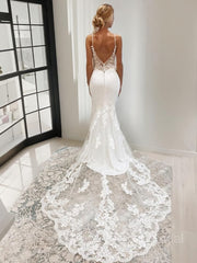 Terpetta/sirena Terna cattedrale a V Stretch Crepe Wedding Dresses with Appliques Lace