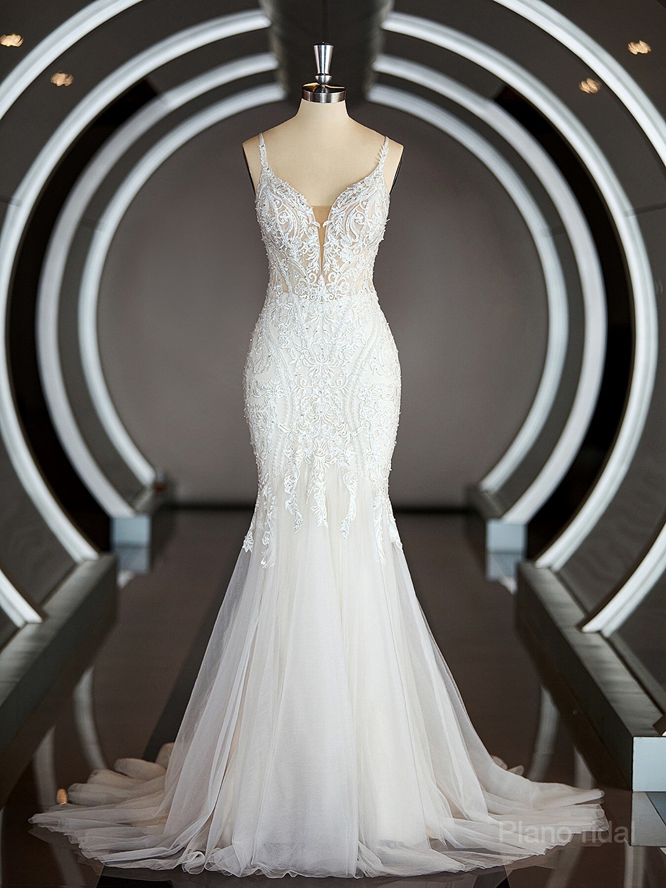 Trumpet/Mermaid V-neck Cathedral Train Tulle Wedding Dresses with Appliques Lace Main image