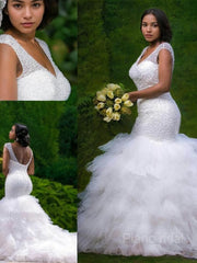 Trumpet/Mermaid V-neck Cathedral Train Tulle Wedding Dresses With Beading