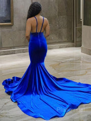 Trumpet/Mermaid V-neck Court Train Elastic Woven Satin Prom Dresses With Appliques Lace