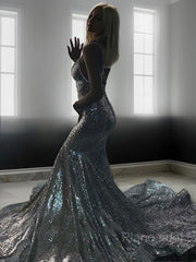 Trumpet/Mermaid V-neck Court Train Sequins Prom Dresses