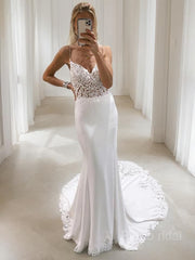 Trumpet/Mermaid V-neck Court Train Stretch Crepe Wedding Dresses With Appliques Lace