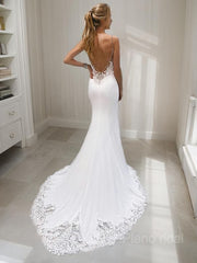 Trumpet/Mermaid V-neck Court Train Stretch Crepe Wedding Dresses With Appliques Lace