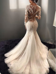 Trumpet/Mermaid V-neck Court Train Tulle Wedding Dresses With Appliques Lace