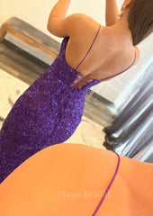 Trumpet Mermaid V Neck Sleeveless Sweep Train Allover Sparkly Sequined Prom Dress With Split