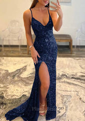 Trumpet Mermaid V Neck Sleeveless Sweep Train Allover Sparkly Sequined Prom Dress With Split