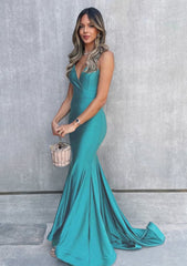 Trumpet Mermaid V Neck Sleeveless Sweep Train Jersey Prom Dress