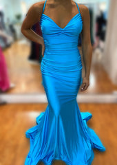 Trumpet Mermaid V Neck Sleeveless Sweep Train Jersey Prom Dress With Pleated