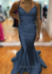 Trumpet Mermaid V Neck Sleeveless Sweep Train Jersey Prom Dress With Pleated