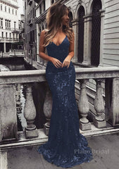 Trumpet/Mermaid V Neck Sleeveless Sweep Train Tulle Evening Dress With Beading Appliqued