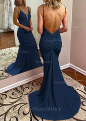 Trumpet Mermaid V Neck Spaghetti Straps Court Train Jersey Prom Dress With Pleated