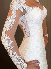 Trumpet/Mermaid V-neck Sweep Train Lace Wedding Dresses With Appliques Lace