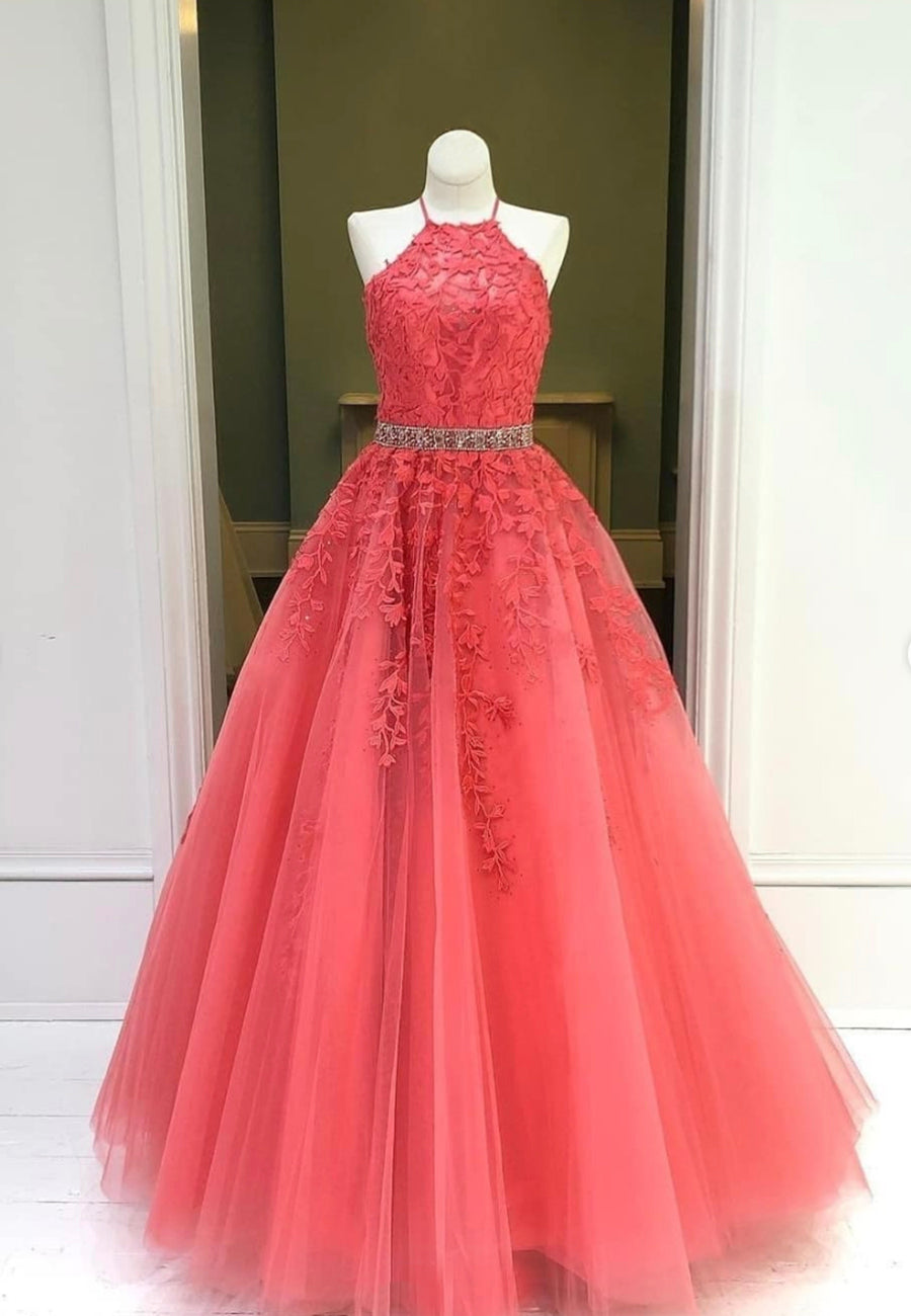 Red Lace Floor Length Prom Dresses, A-Line Formal Evening Dresses