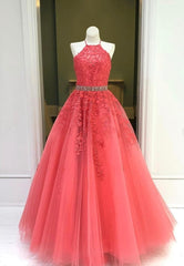 Red Lace Floor Length Prom Dresses, A-Line Formal Evening Dresses