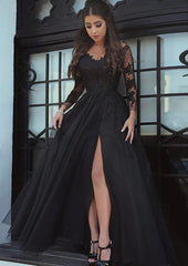 Tulle Long Floor Length A Line Princess Full Long Sleeve Sweetheart Zipper Prom Dress With Appliqued