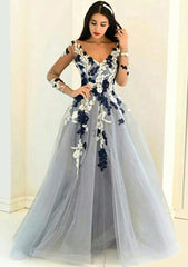 Tulle Long Floor Length A Line Princess Full Long Sleeve V Neck Zipper Evening Dress With Appliqued