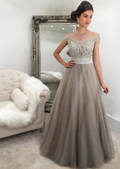 Tulle Long Floor Length A Line Princess Sleeveless Bateau Zipper Prom Dress With Beaded