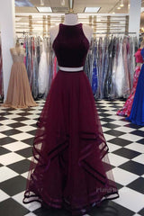 Two Pieces Maroon Long Prom Dress, Dark Burgundy 2 Pieces Formal Evening Dresses