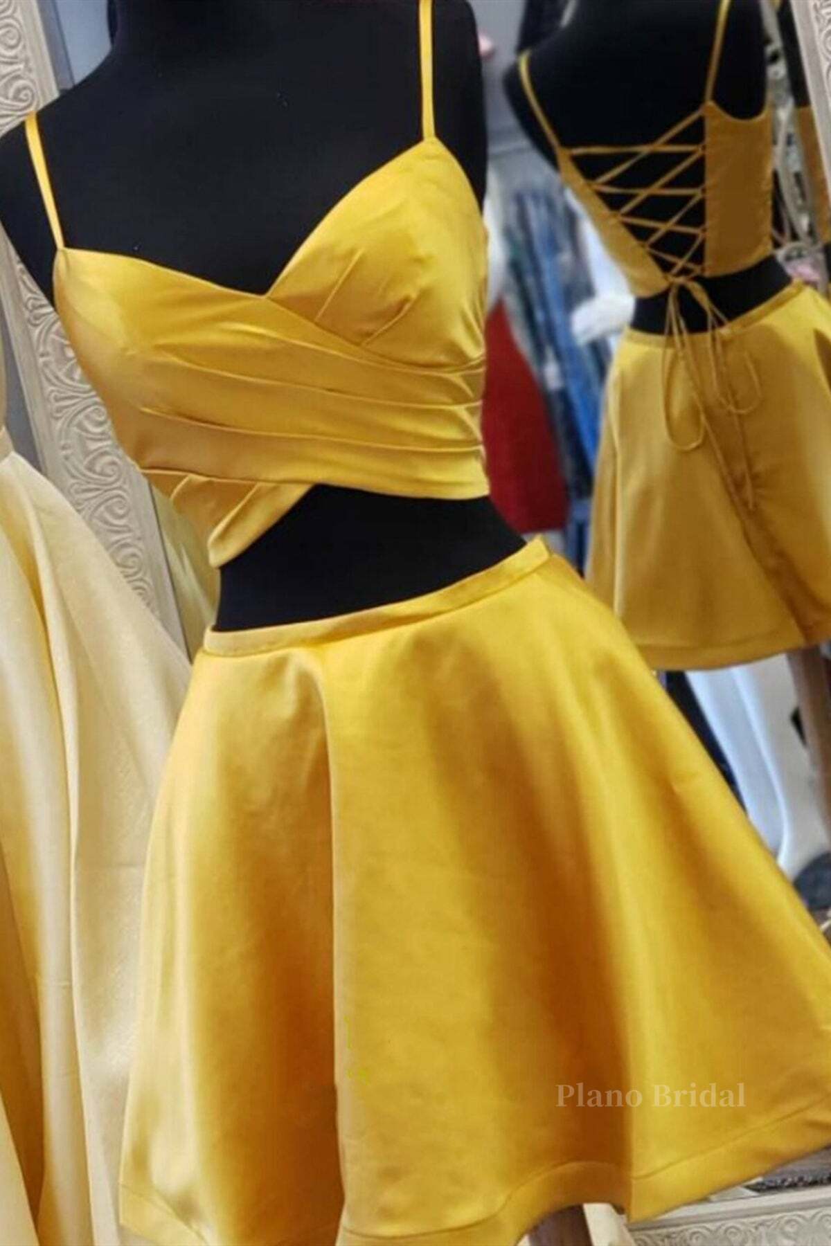 Two Pieces Short Yellow Prom Dresses, Short Yellow 2 Pieces Formal Homecoming Dresses