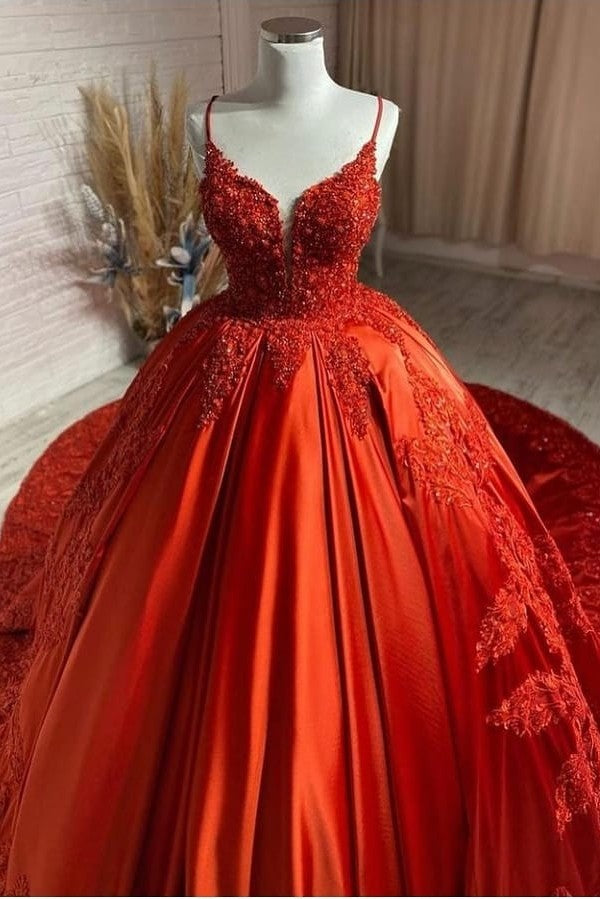 Unique Long Princess Sweetheart Backless Appliques Lace Satin Wedding Dress